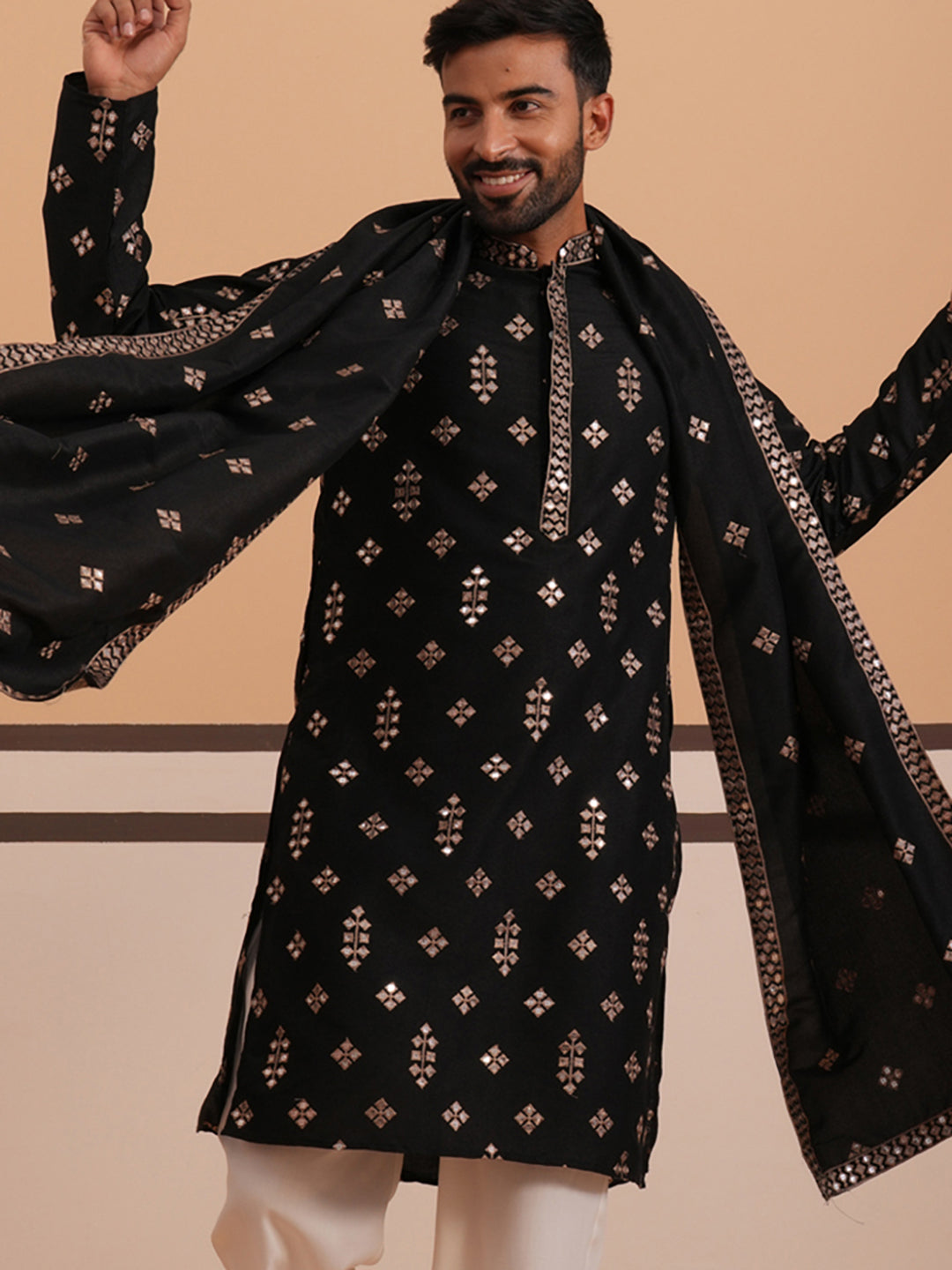 DesiQlo Men Embroidered Kurta Only - Black - 65KO_D_5355Black_S