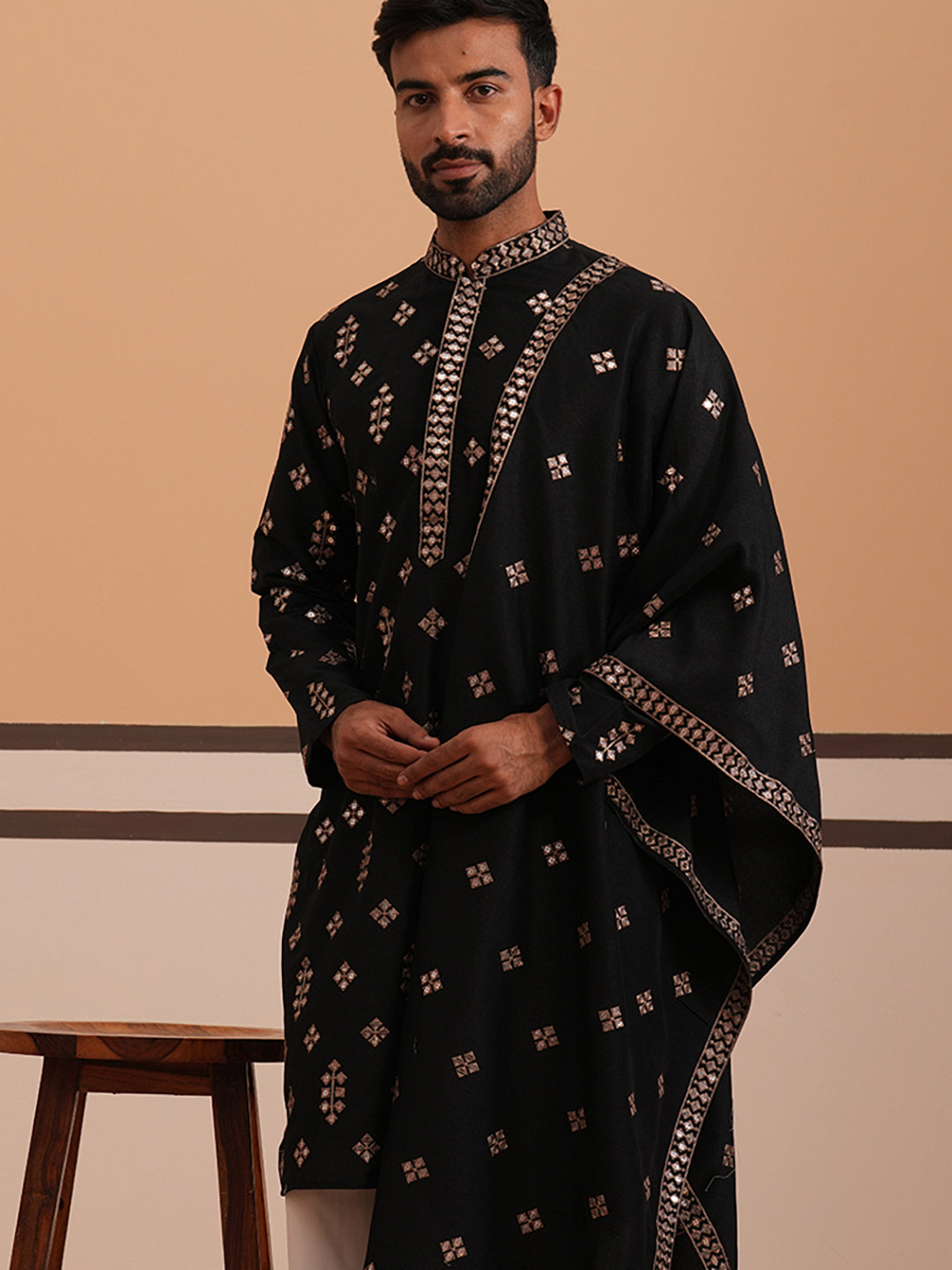 Silk Blend Embroidered Kurta (65KO D 5355 Black ) [FF] [E-5]
