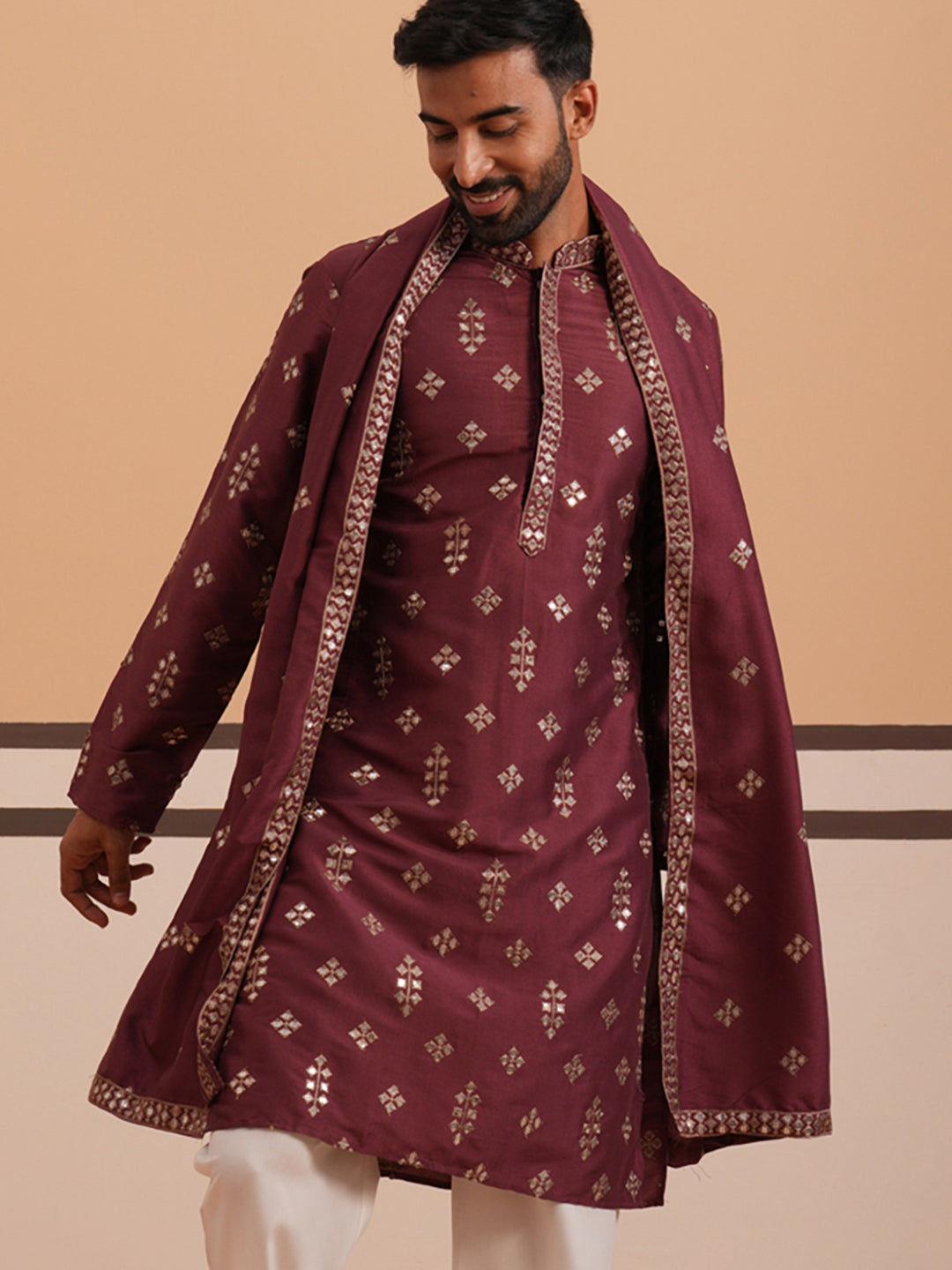 DesiQlo Men Embroidered Kurta Only - Maroon - 65KO_D_5355Maroon_S