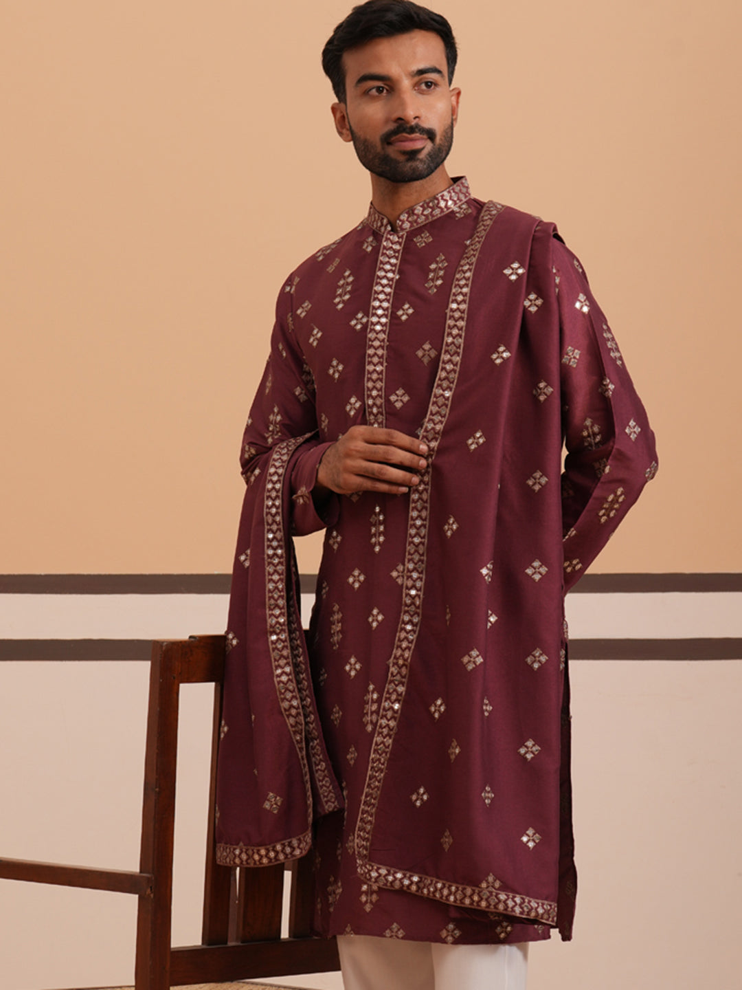 DesiQlo Men Embroidered Kurta Only - Maroon - 65KO_D_5355Maroon_S