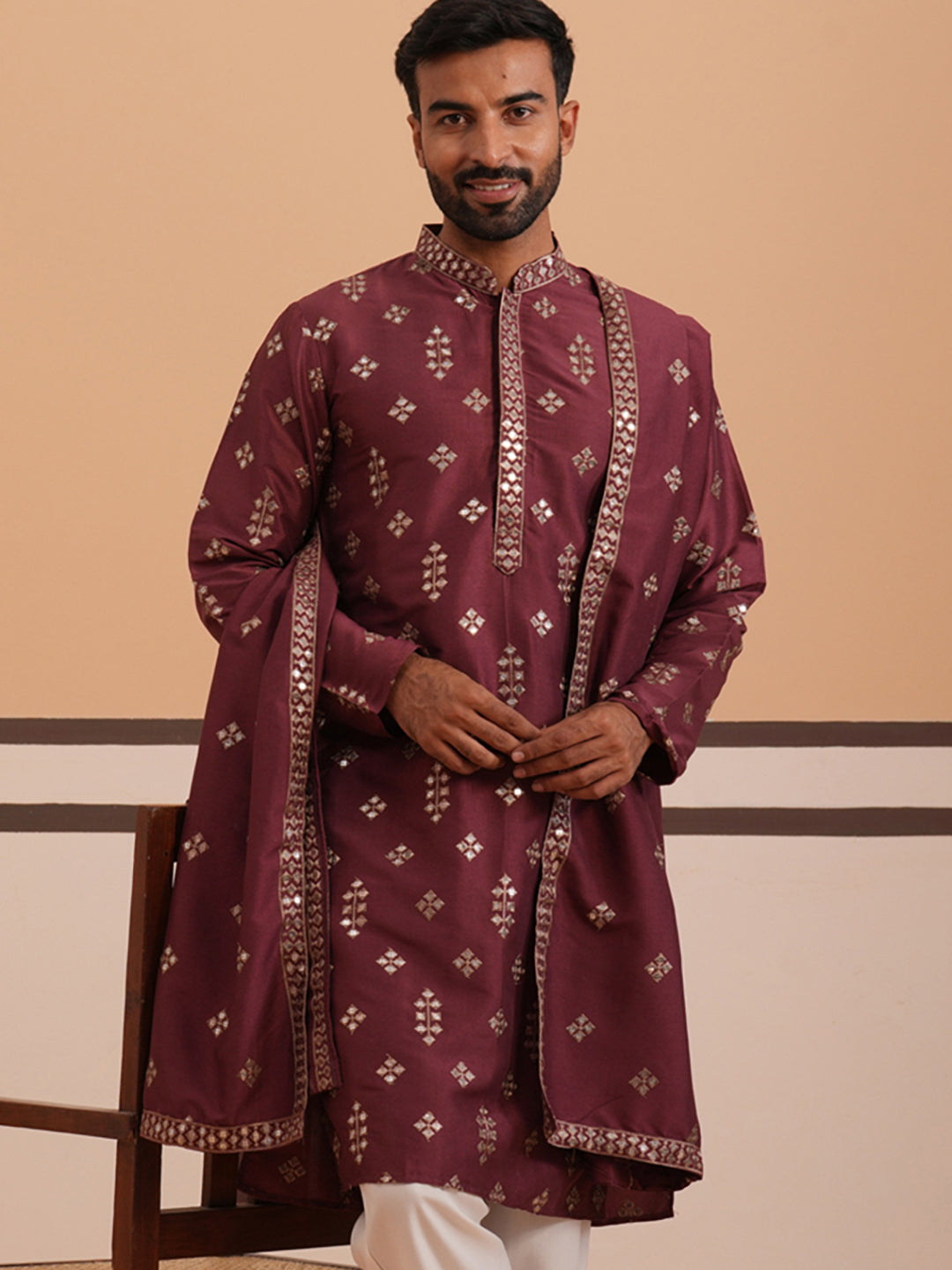 DesiQlo Men Embroidered Kurta Only - Maroon - 65KO_D_5355Maroon_S