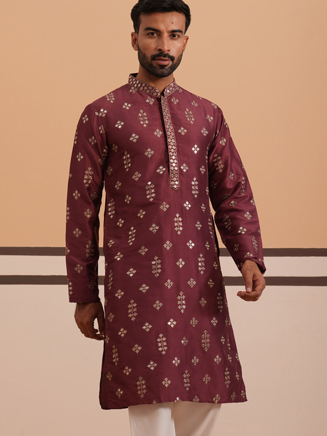 DesiQlo Men Embroidered Kurta Only - Maroon - 65KO_D_5355Maroon_S