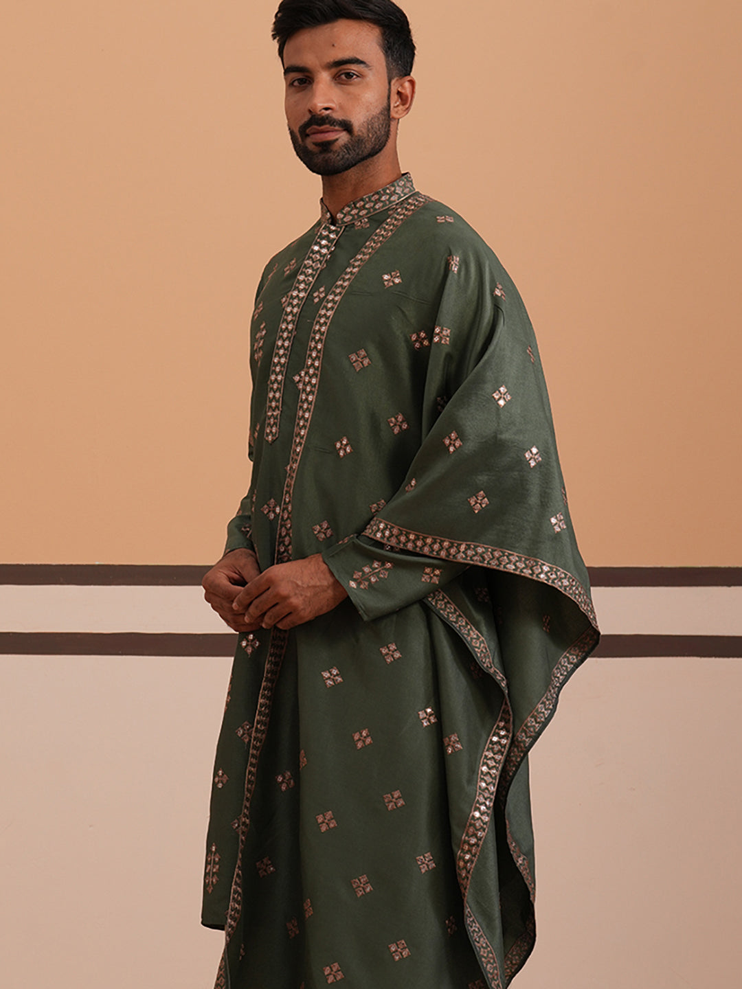 DesiQlo Men Embroidered Kurta Only - Green - 65KO_D_5355Olive_S