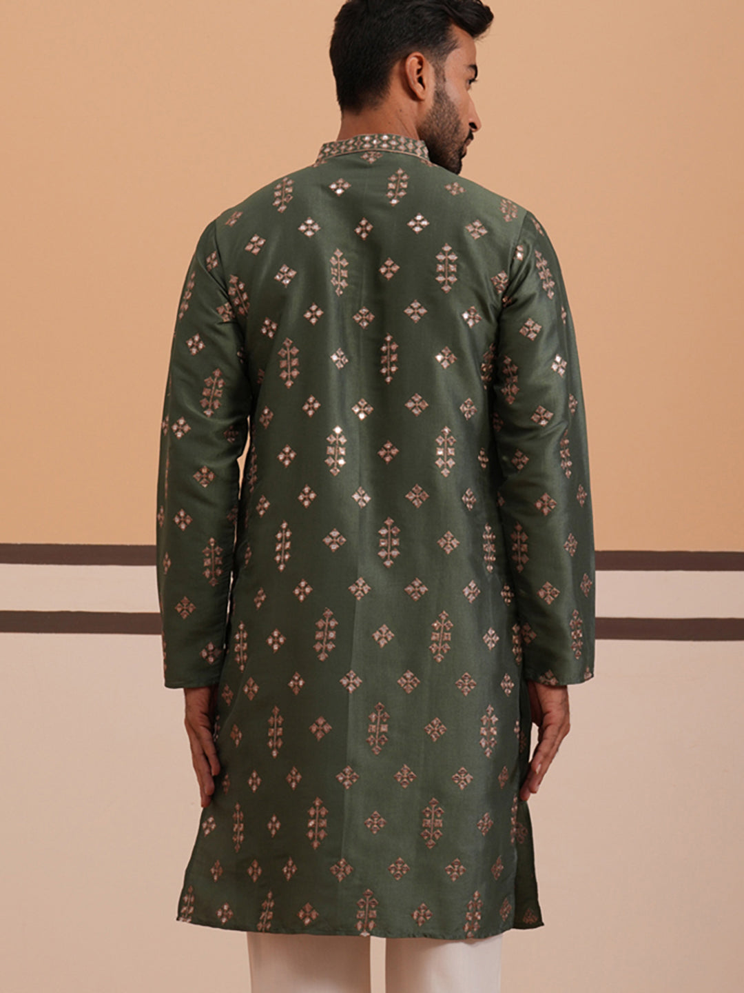 DesiQlo Men Embroidered Kurta Only - Green - 65KO_D_5355Olive_S