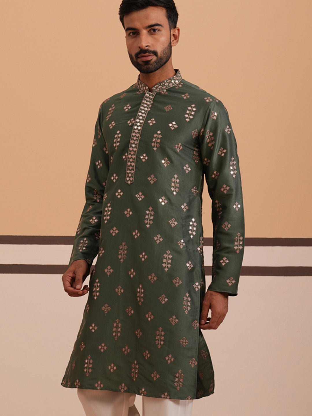 DesiQlo Men Embroidered Kurta Only - Green - 65KO_D_5355Olive_S
