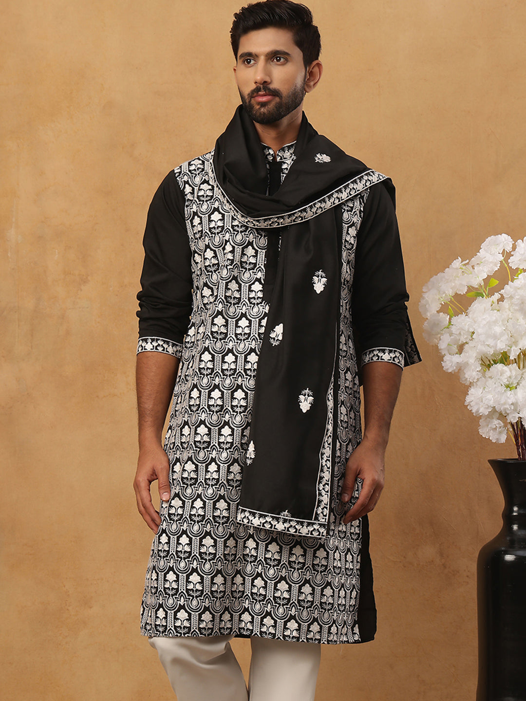 Silk Blend Embroidered Kurta & Dupatta (65KO D 5438 Black ) [FF] [P-14]