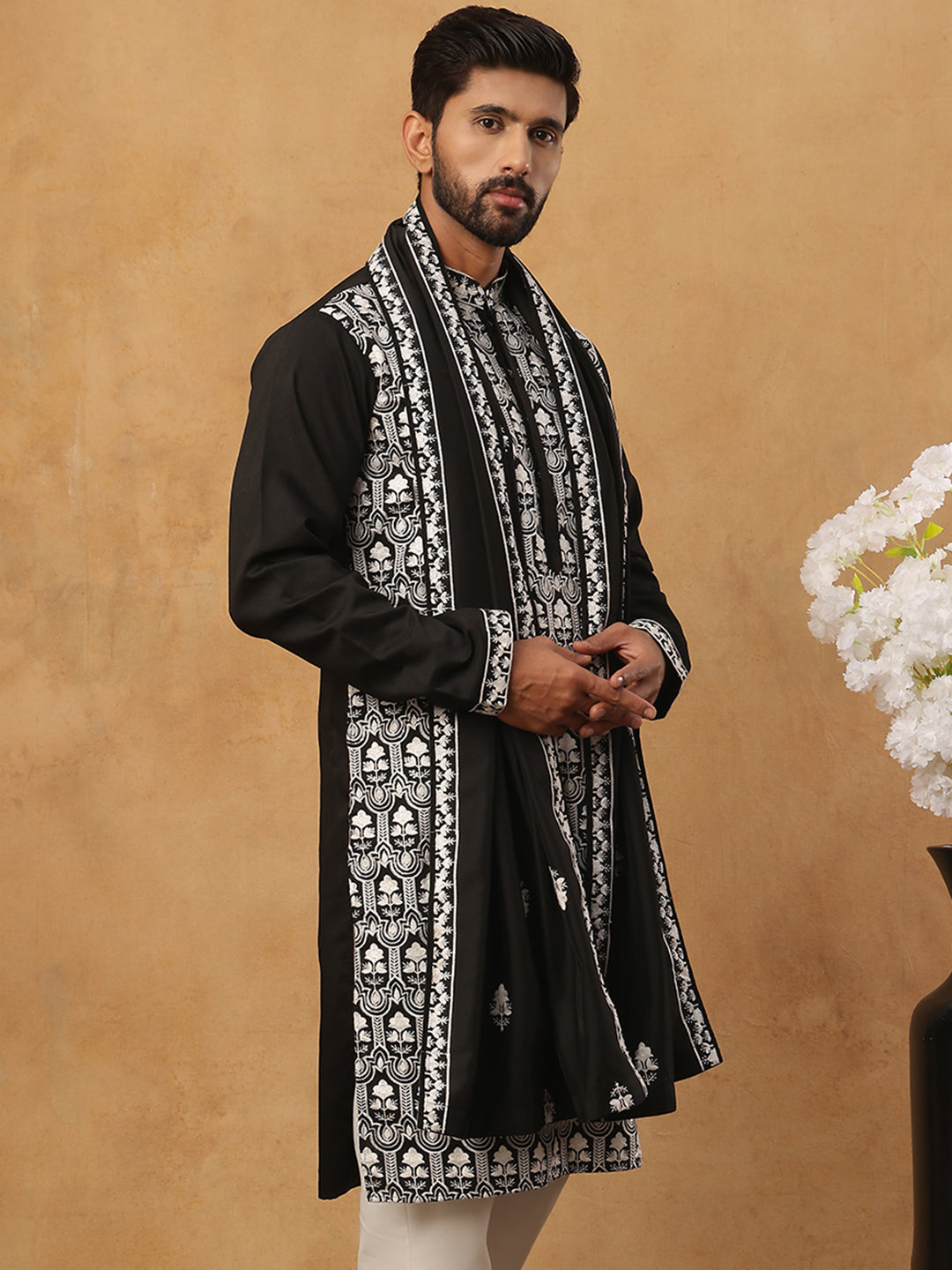 DesiQlo Men Floral Kurta Only - Black - 65KO_D_5438Black_S