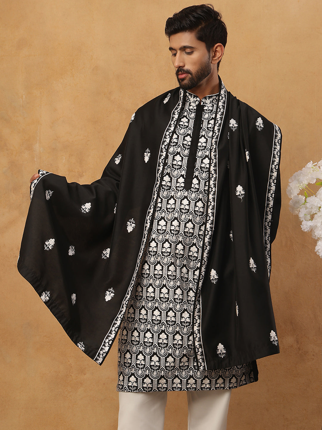 DesiQlo Men Floral Kurta Only - Black - 65KO_D_5438Black_S