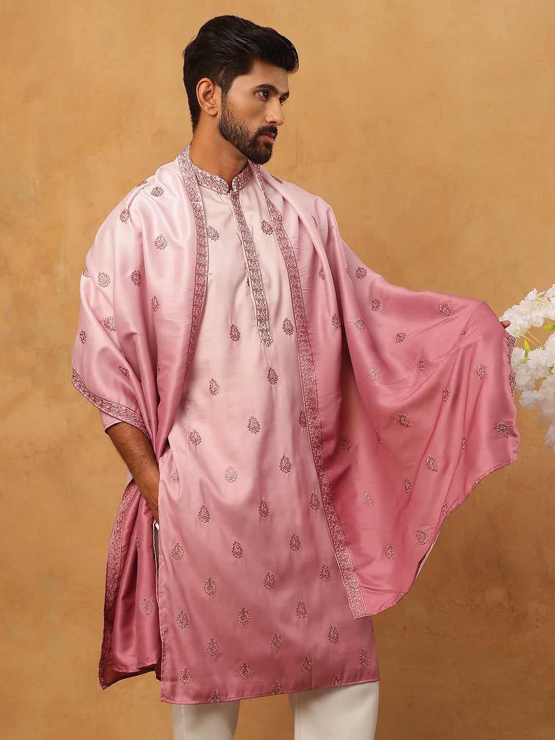 DesiQlo Men Floral Kurta Only - Pink - 65KO_D_5439Pink_S