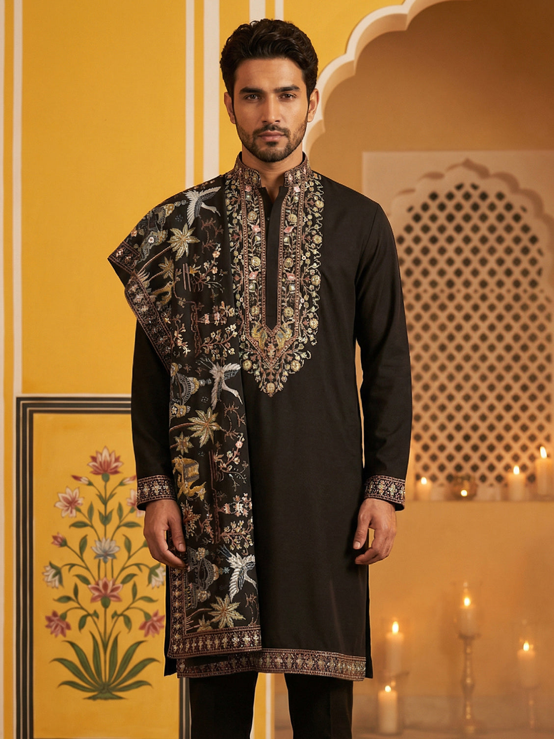 DesiQlo Men Embroidered Kurta Only - Black - 65KO_D_5513Black_S