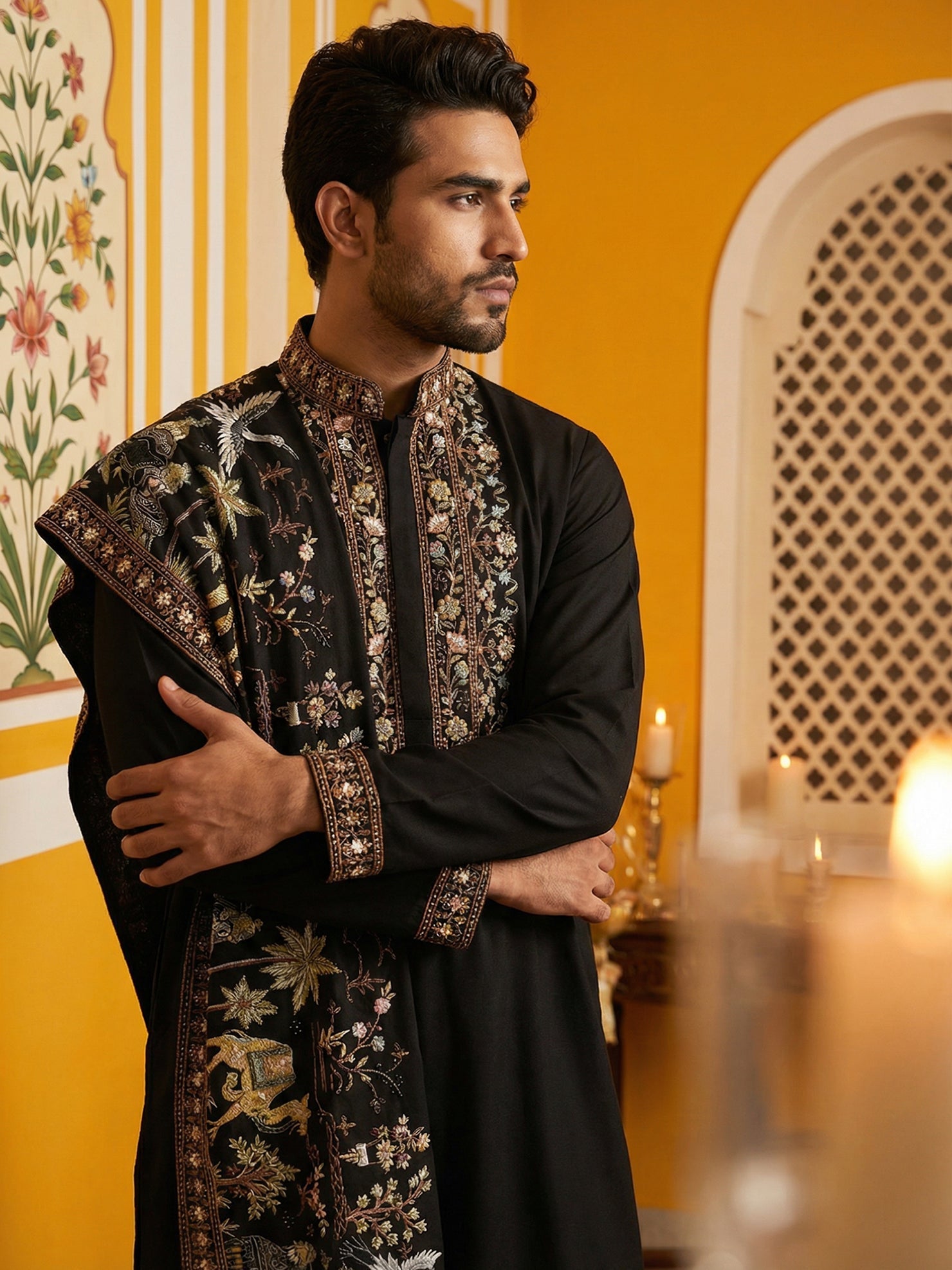 DesiQlo Men Embroidered Kurta Only - Black - 65KO_D_5513Black_S