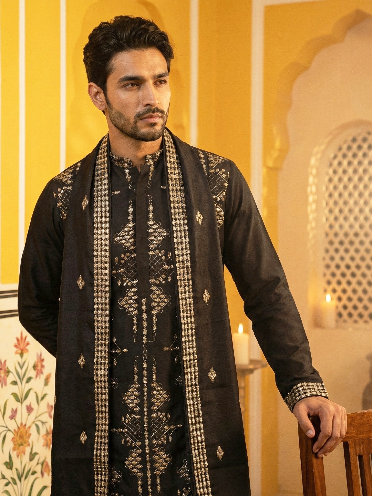 DesiQlo Men Embroidered Kurta Only - Black - 65KO_D_5540Black_S