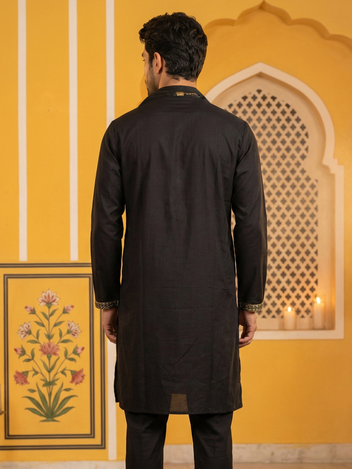 DesiQlo Men Embroidered Kurta Only - Black - 65KO_D_5540Black_S