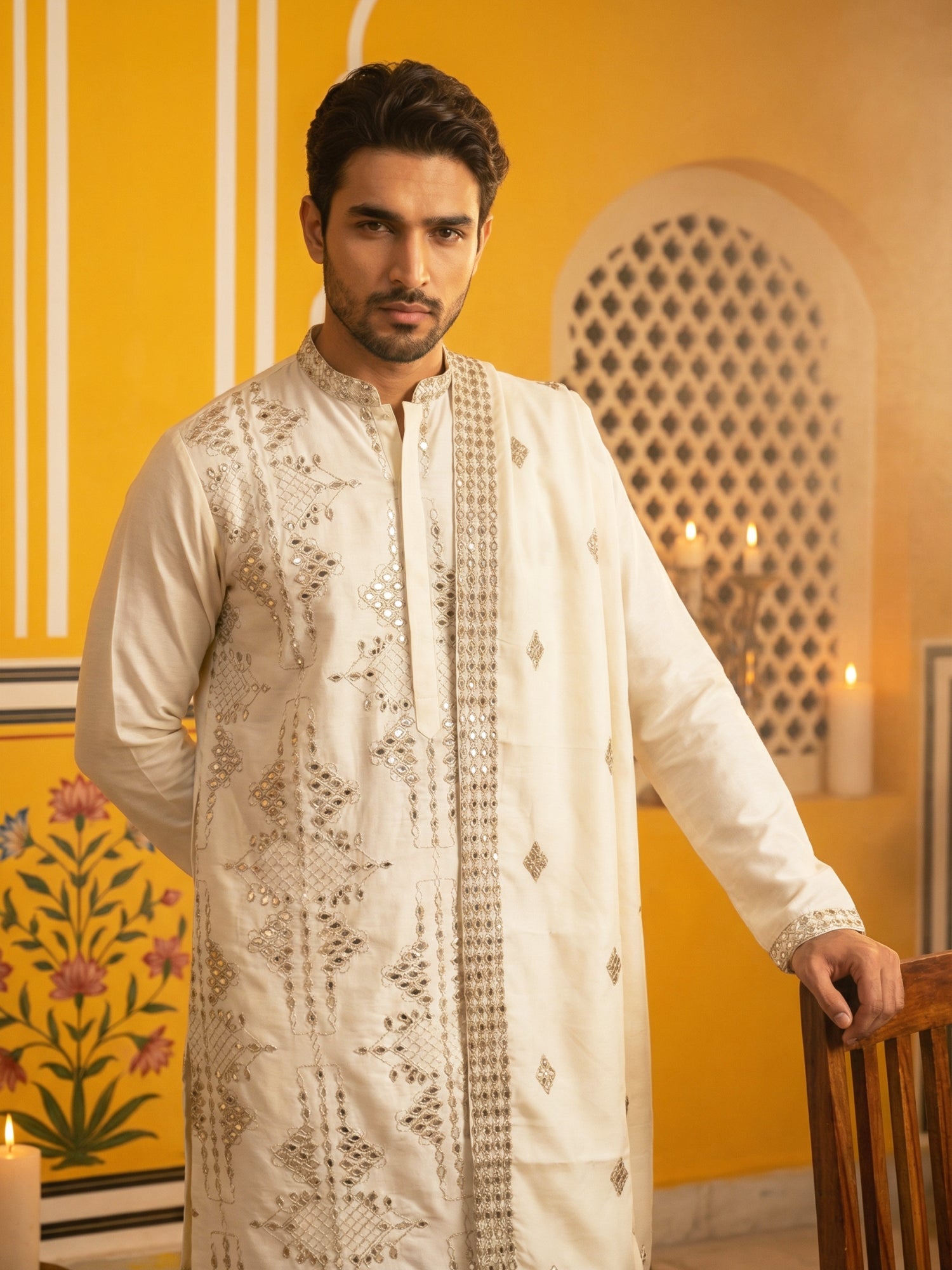 DesiQlo Men Embroidered Kurta Only - Beige - 65KO_D_5540Cream_S