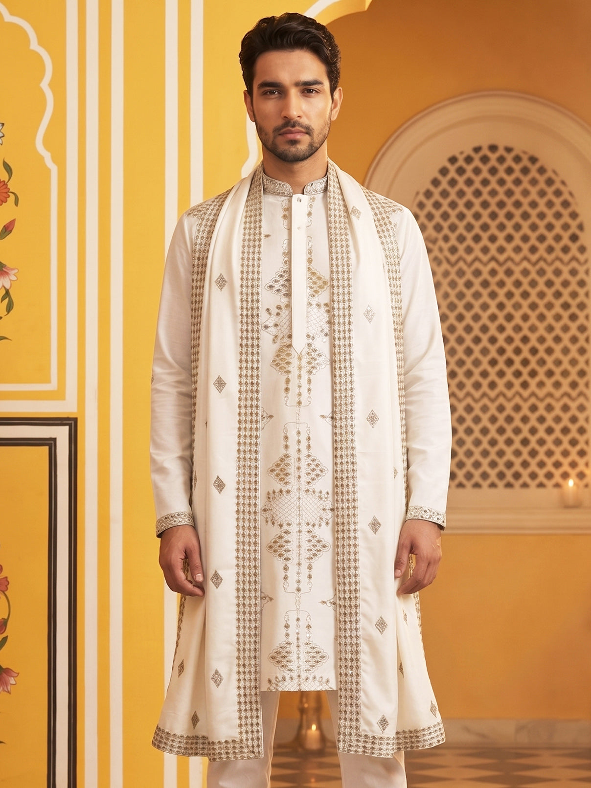 DesiQlo Men Embroidered Kurta Only - Beige - 65KO_D_5540Cream_S