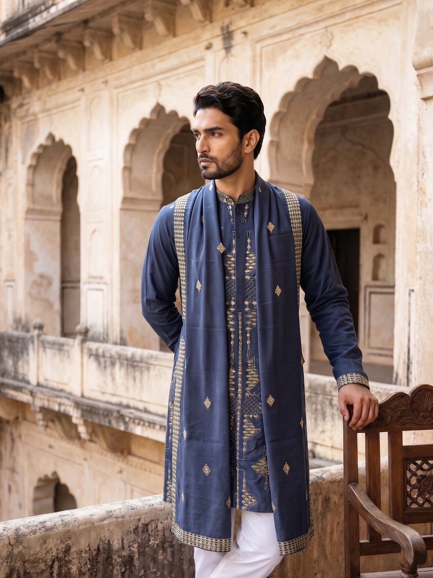 DesiQlo Men Embroidered Kurta Only - Blue - 65KO_D_5540Navy_S
