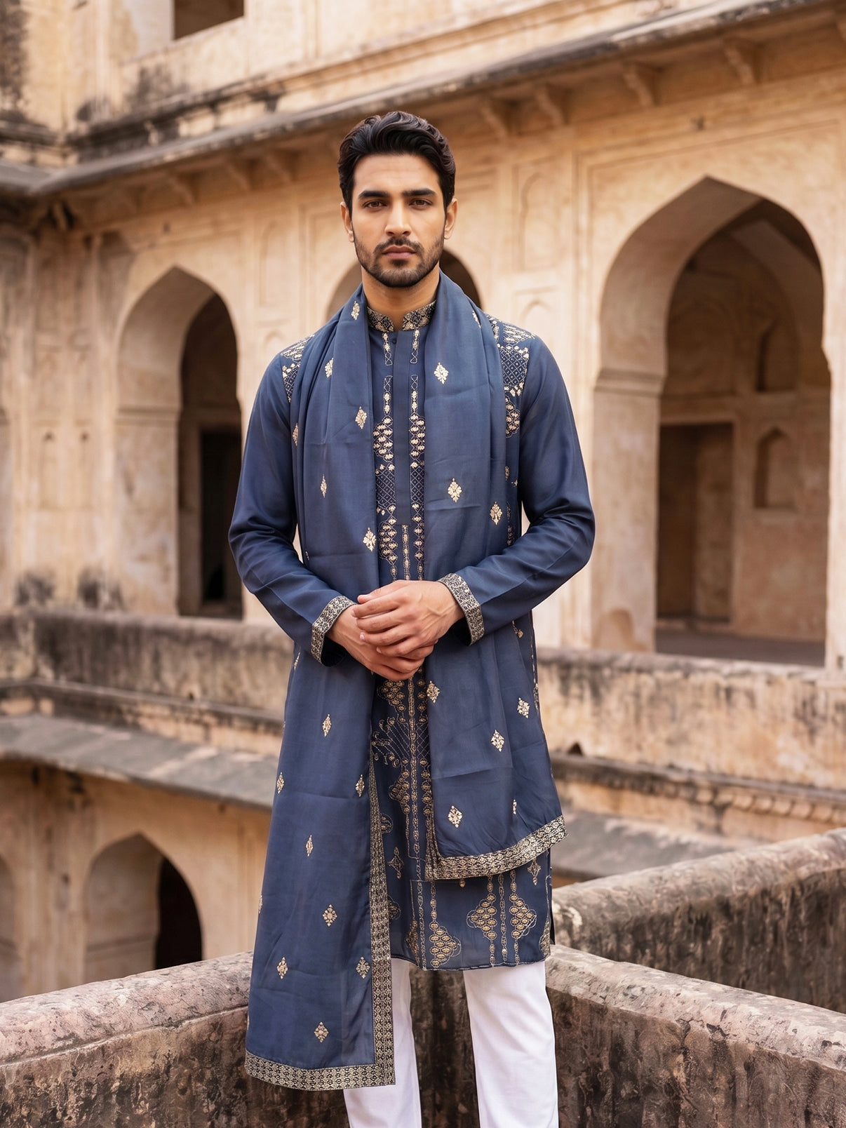 DesiQlo Men Embroidered Kurta Only - Blue - 65KO_D_5540Navy_S
