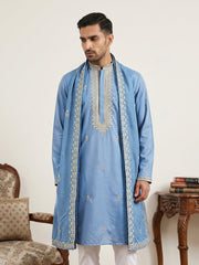 Men’s Traditional Thread Embroidered Kurta & Dupatta ( 65KO D 5549Blue ) [FF] [F-9]