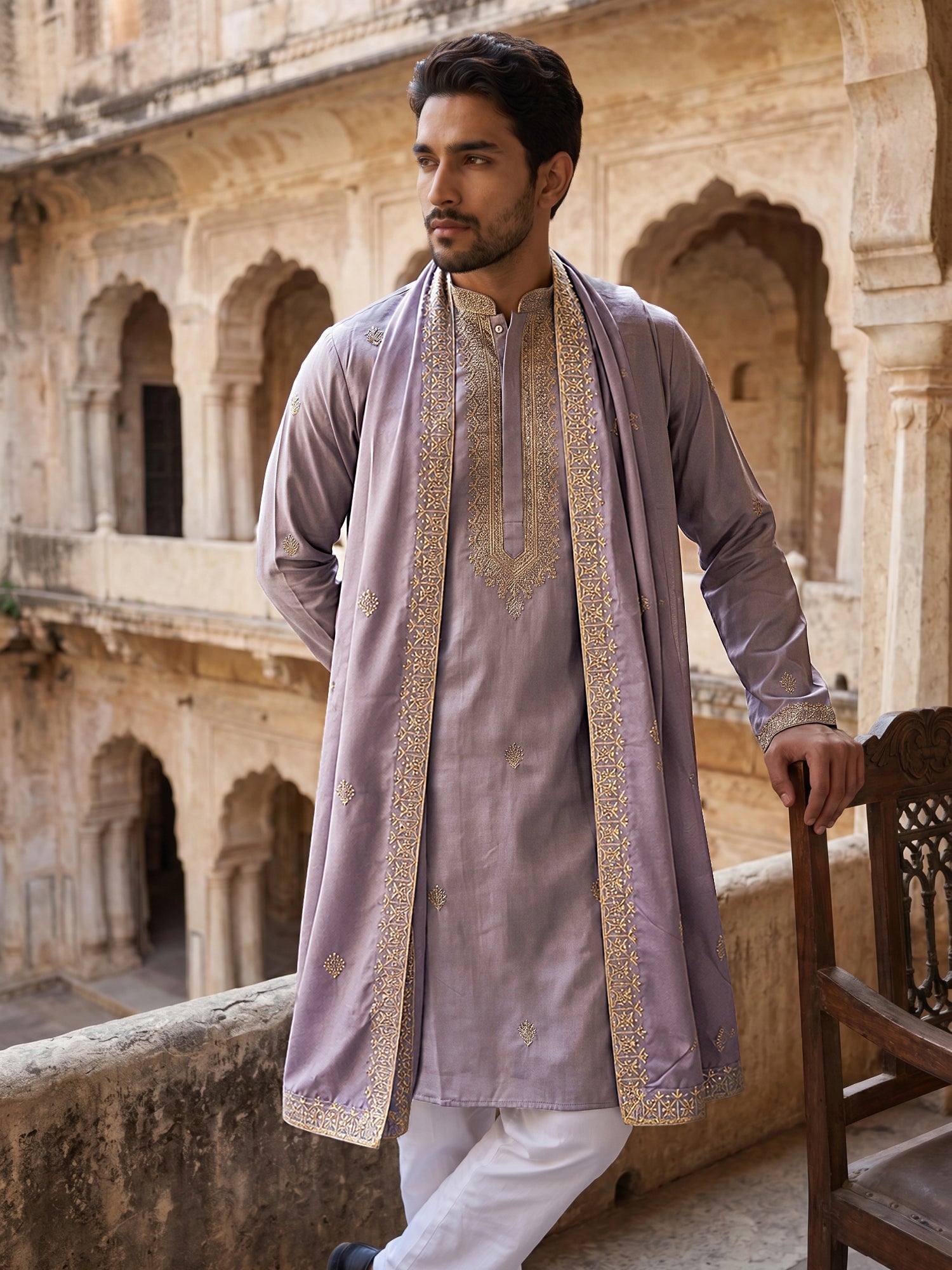 DesiQlo Men Embroidered Kurta Only - Purple - 65KO_D_5549Purple_S