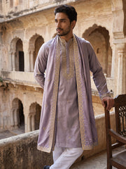 Men’s Traditional Thread Embroidered Kurta & Dupatta ( 65KO D 5549Purple ) [FF] [F-9]