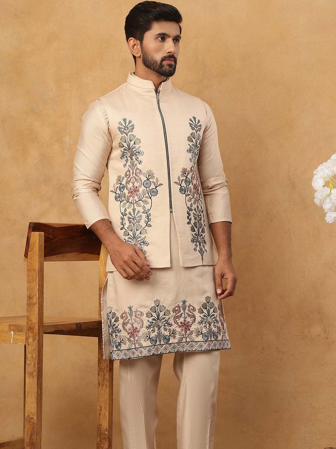 Silk Blend Embroidered Kurta Pyjama Waistcoat Set (65KPWCS 5437 Beige ) [FF] [ A3 & A2 ]