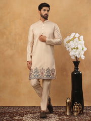 Silk Blend Embroidered Kurta Pyjama Waistcoat Set (65KPWCS 5437 Beige ) [FF] [ A3 & A2 ]