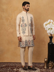 Silk Blend Embroidered Kurta Pyjama Waistcoat Set (65KPWCS 5437 Beige ) [FF] [ A3 & A2 ]