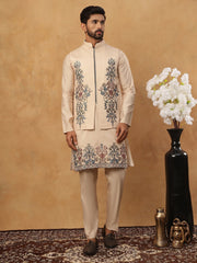 Silk Blend Embroidered Kurta Pyjama Waistcoat Set (65KPWCS 5437 Beige ) [FF] [ A3 & A2 ]