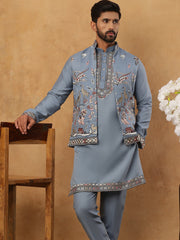 Silk Blend Embroidered Kurta Pyjama Waistcoat Set (65KPWCS 5440 Blue ) [FF] [ A3 & A2 ]