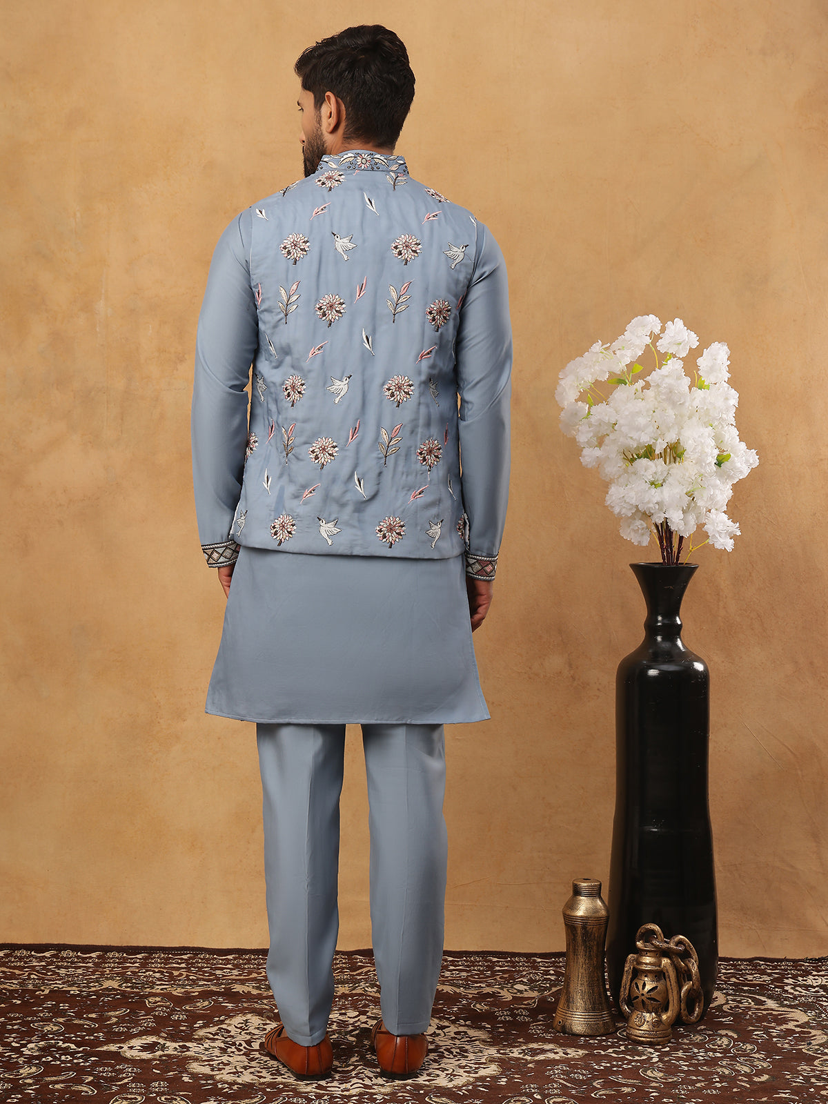 DesiQlo Men Floral Kurta Pyjama Set - Blue - 65KPWCS_5440Blue_S