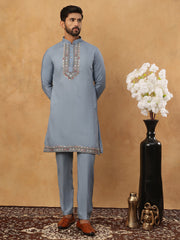 Silk Blend Embroidered Kurta Pyjama Waistcoat Set (65KPWCS 5440 Blue ) [FF] [ A3 & A2 ]