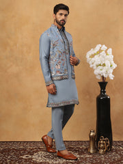 Silk Blend Embroidered Kurta Pyjama Waistcoat Set (65KPWCS 5440 Blue ) [FF] [ A3 & A2 ]