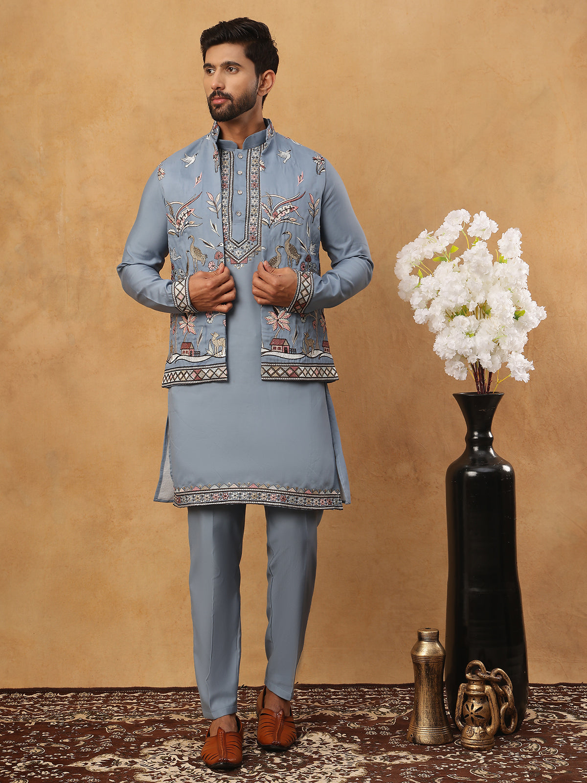 DesiQlo Men Floral Kurta Pyjama Set - Blue - 65KPWCS_5440Blue_S