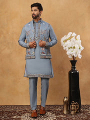 Silk Blend Embroidered Kurta Pyjama Waistcoat Set (65KPWCS 5440 Blue ) [FF] [ A3 & A2 ]