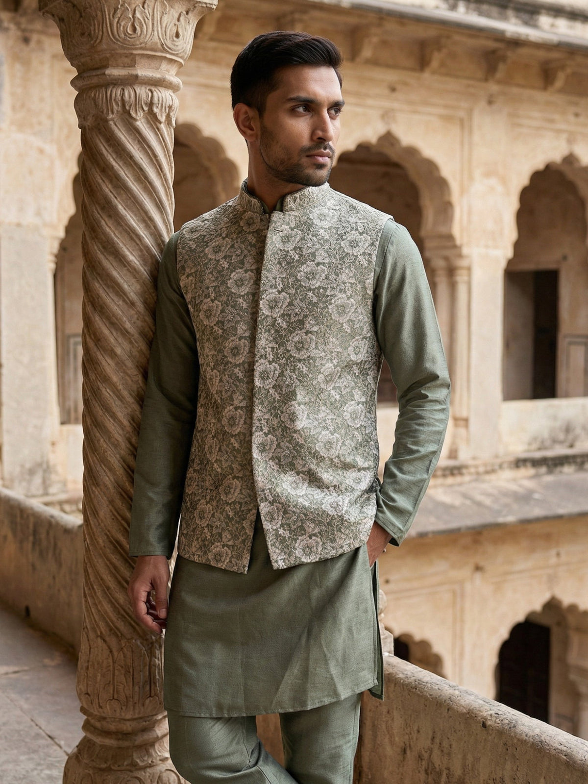 Men’s Kurta Pyjama with Embroidered Waistcoat ( 65KPWCS 5476Green ) [FF] [F-13]