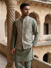 Men’s Kurta Pyjama with Embroidered Waistcoat ( 65KPWCS 5476Green ) [FF] [F-13]