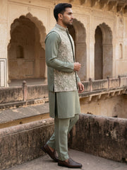 Men’s Kurta Pyjama with Embroidered Waistcoat ( 65KPWCS 5476Green ) [FF] [F-13]