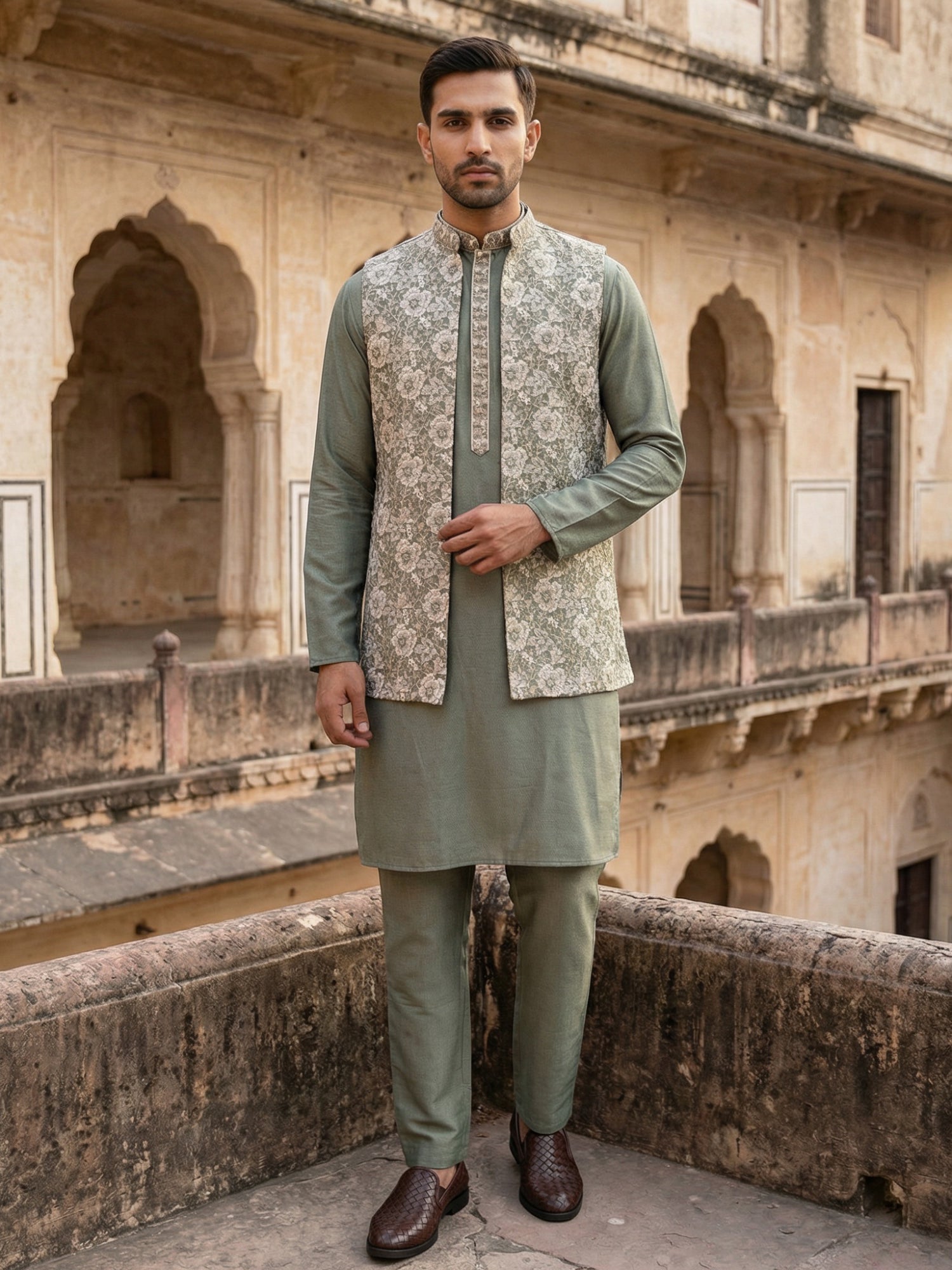 DesiQlo Men Embroidered Nehru Jacket and Kurta Pyjama S - 65KPWCS_5476
