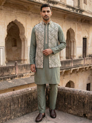 Men’s Kurta Pyjama with Embroidered Waistcoat ( 65KPWCS 5476Green ) [FF] [F-13]