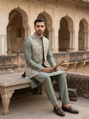 Men’s Kurta Pyjama with Embroidered Waistcoat ( 65KPWCS 5476Green ) [FF] [F-13]