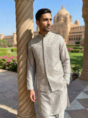 Men’s Kurta Pyjama with Embroidered Waistcoat ( 65KPWCS 5476Grey ) [FF] [F-13]