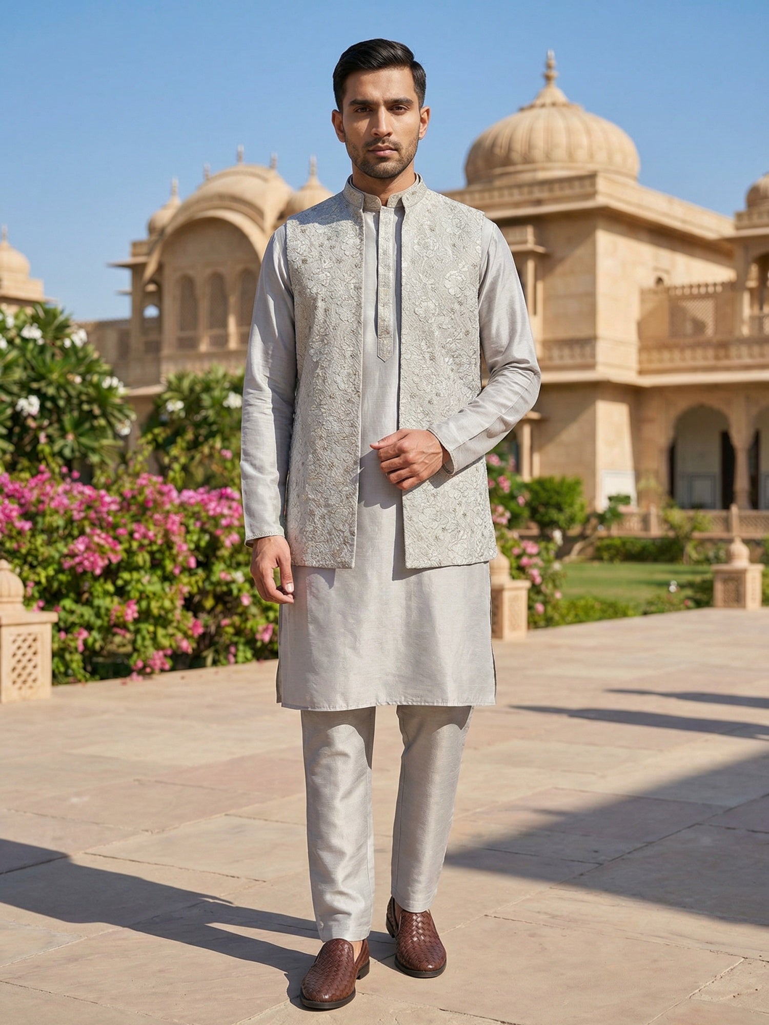 DesiQlo Men Embroidered Nehru Jacket and Kurta Pyjama Set - Grey