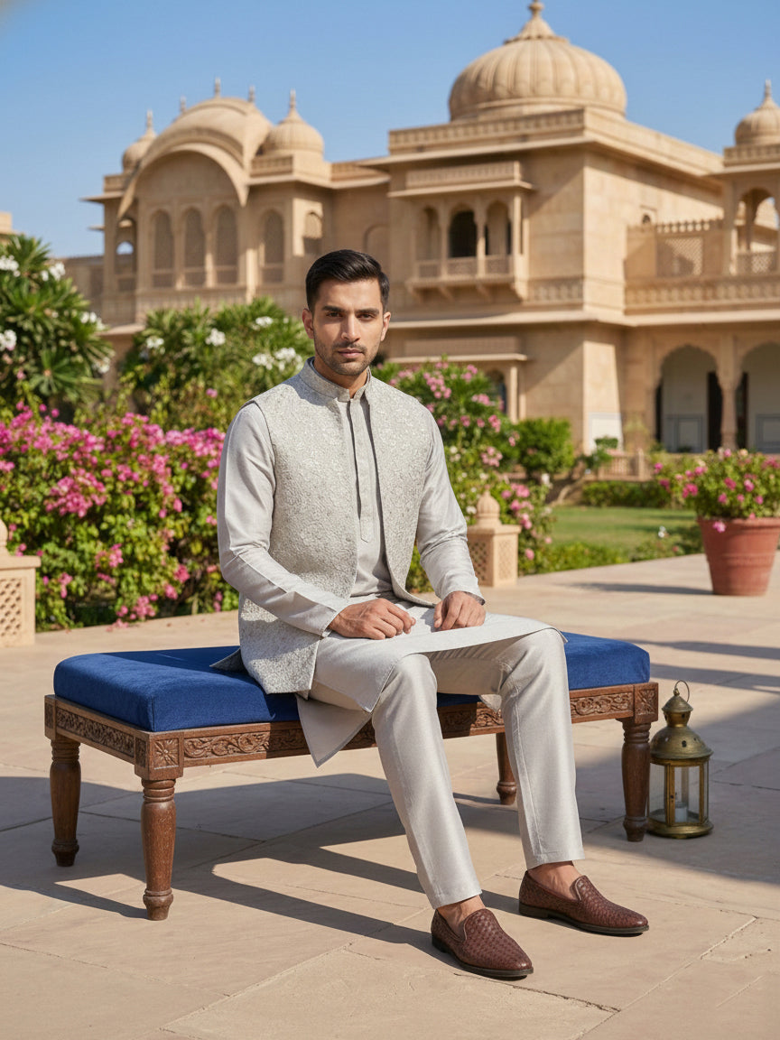 DesiQlo Men Embroidered Nehru Jacket and Kurta Pyjama Set - Grey