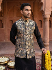 Kurta Pyjama Set with Floral Embroidered Waistcoat ( 65KPWCS 5477Black ) [FF] [H-12]