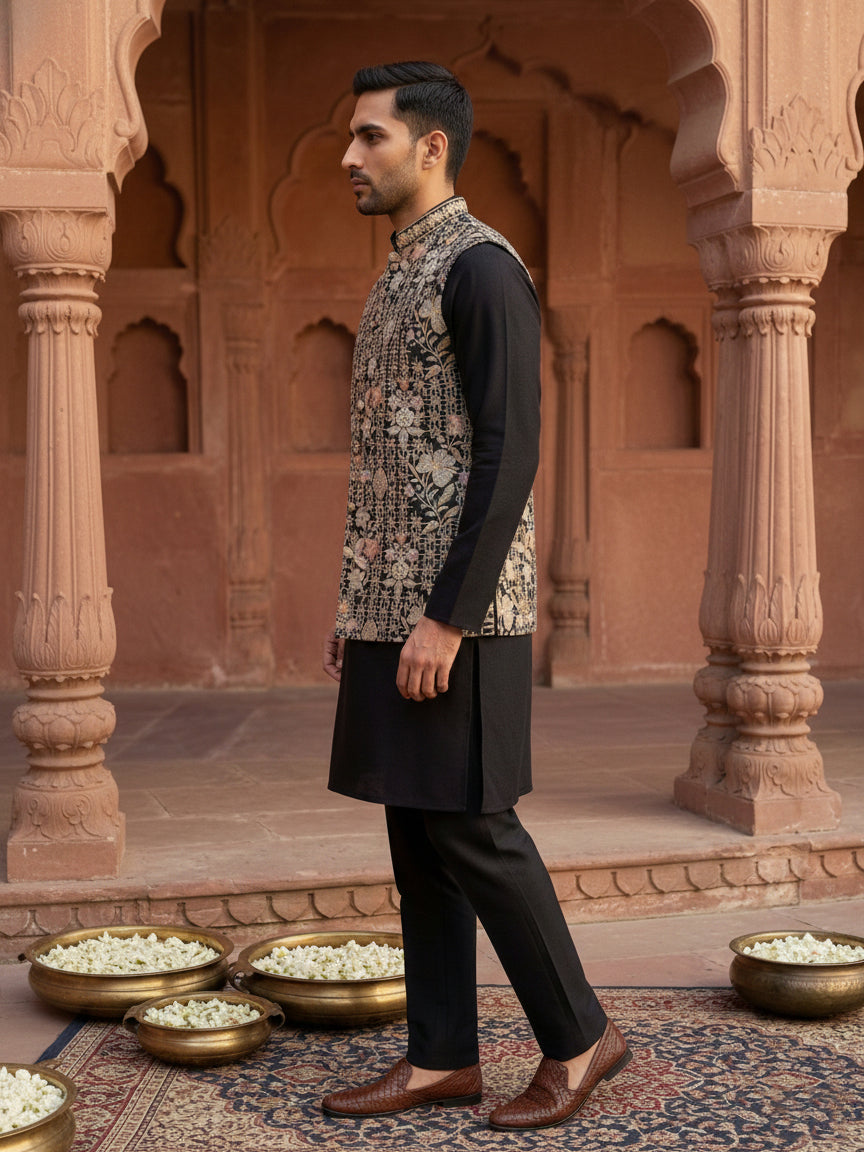 DesiQlo Men Embroidered Nehru Jacket and Kurta Pyjama S - 65KPWCS_5477