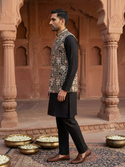 Kurta Pyjama Set with Floral Embroidered Waistcoat ( 65KPWCS 5477Black ) [FF] [H-12]