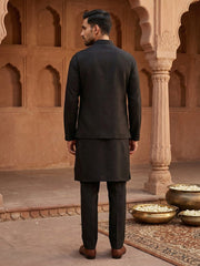 Kurta Pyjama Set with Floral Embroidered Waistcoat ( 65KPWCS 5477Black ) [FF] [H-12]