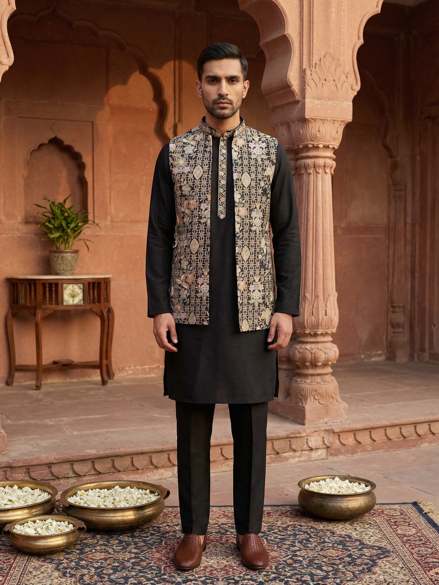 DesiQlo Men Embroidered Nehru Jacket and Kurta Pyjama S - 65KPWCS_5477