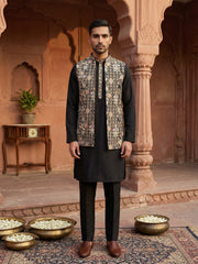 Kurta Pyjama Set with Floral Embroidered Waistcoat ( 65KPWCS 5477Black ) [FF] [H-12]