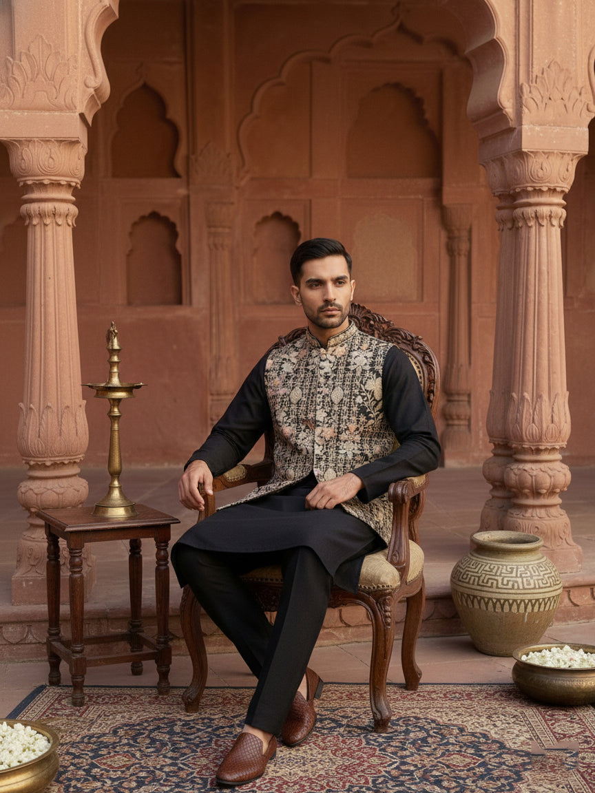 DesiQlo Men Embroidered Nehru Jacket and Kurta Pyjama S - 65KPWCS_5477